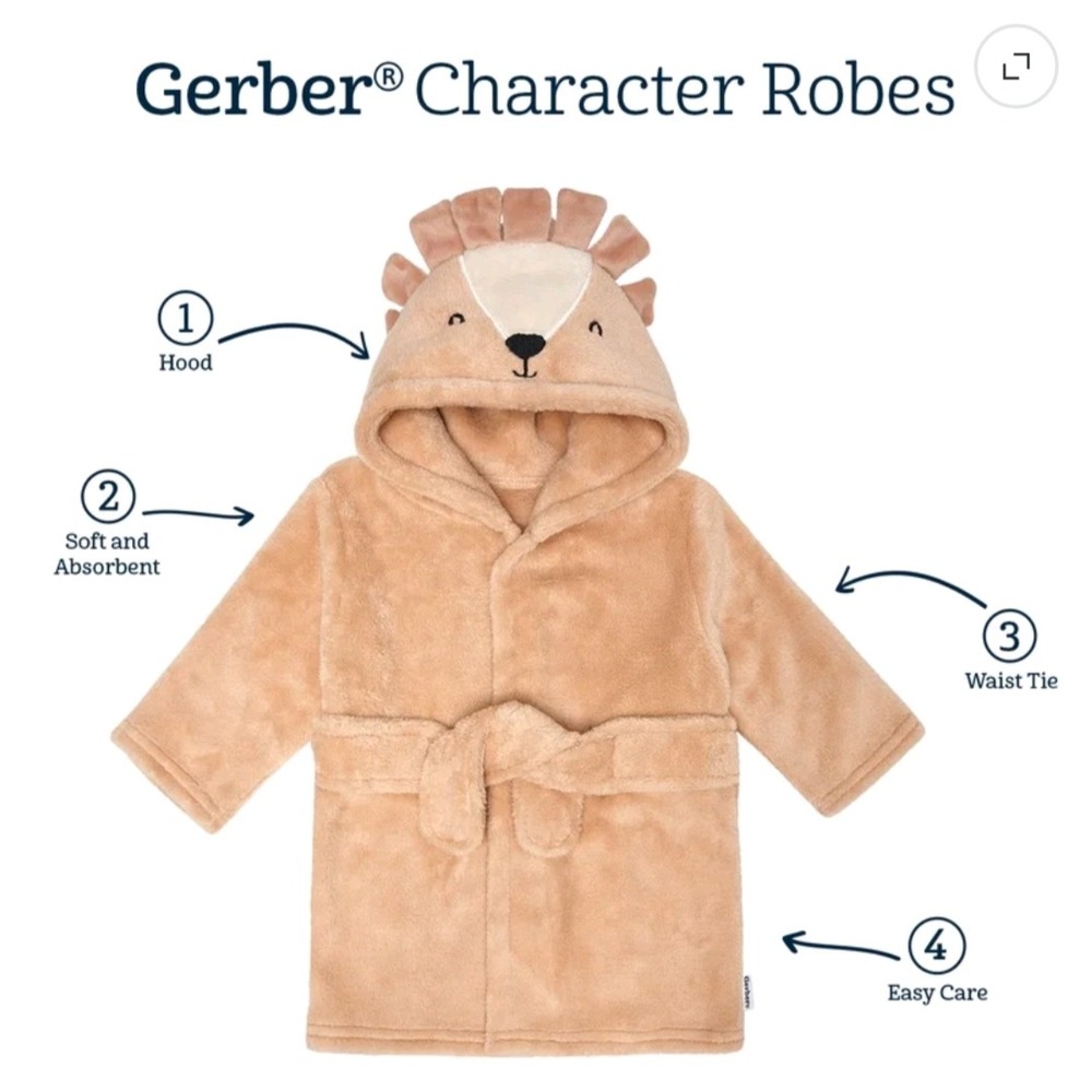 Gerber Baby Hedgehog Character Hooded Robe Tan Fleece Plush 0-9M